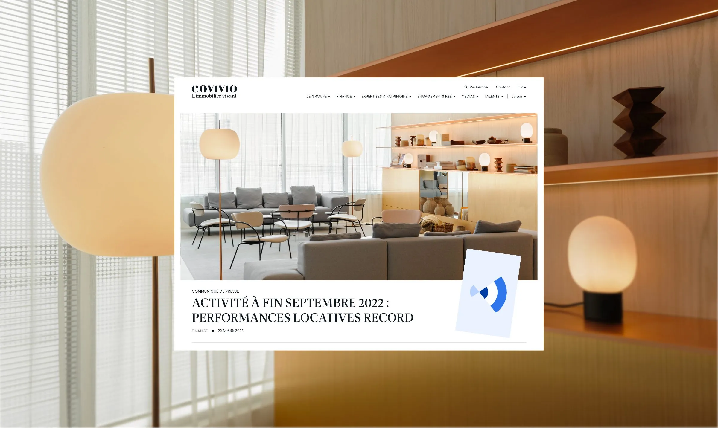 Page communiqué de presse du site Covivio en surimpression sur un intérieur de bureau