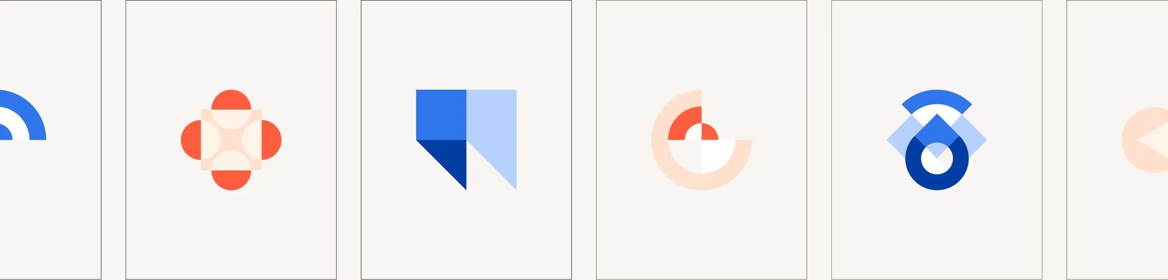Six formes géométriques, chacune associée à un type de contenu
