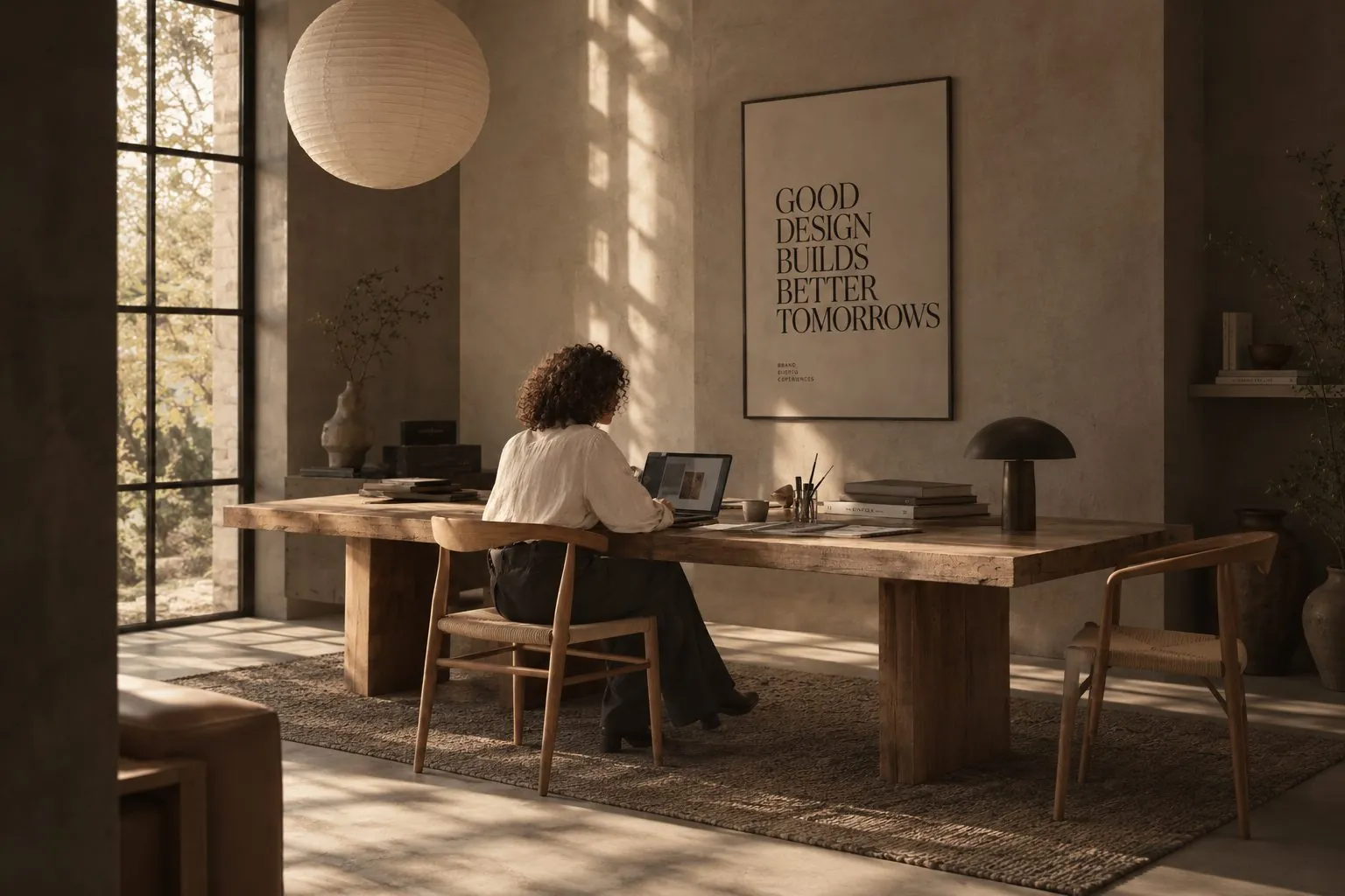 Camille à son bureau, dans un atelier baigné de lumière