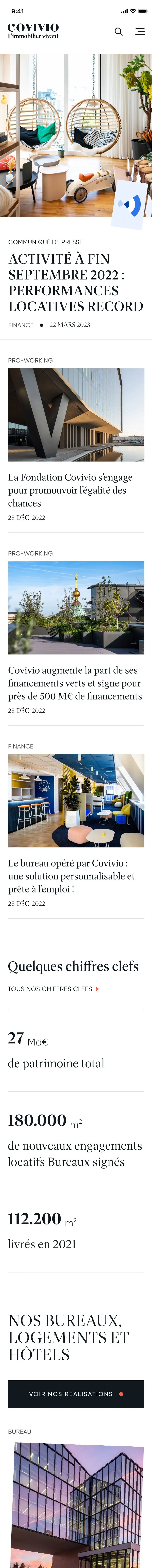 Page d’accueil Covivio en version mobile